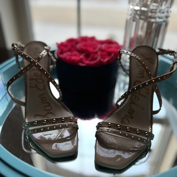 Sam Edelman Women’s Lennox Heeled Studded Tan Leather Sandals - Picture 1 of 7